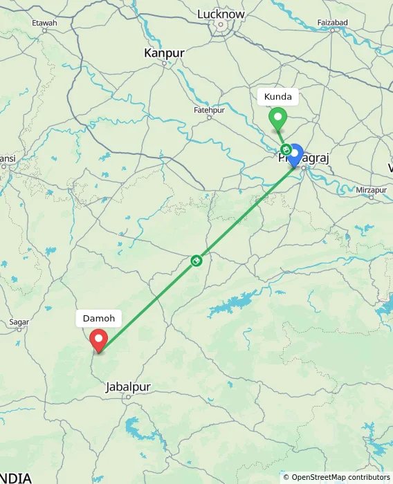Route map showing distance and travel time from Kunda, India to Damoh, India