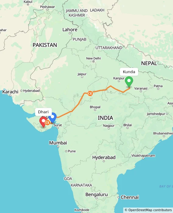 Route map showing distance and travel time from Kunda, India to Dhari, India