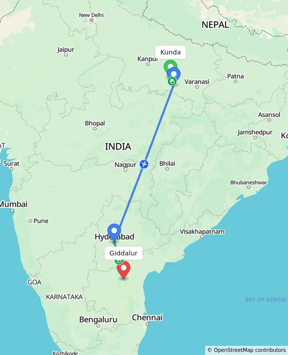 Route map showing distance and travel time from Kunda, India to Giddalur, India
