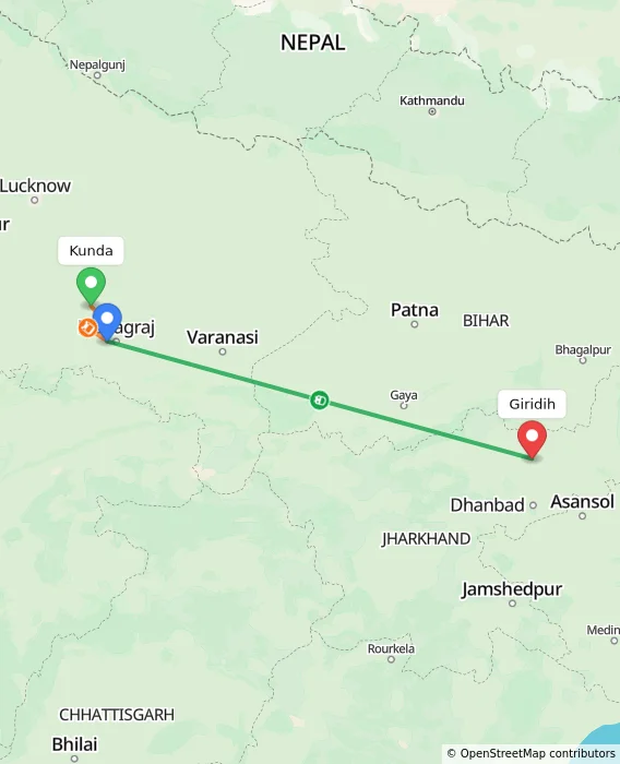 Route map showing distance and travel time from Kunda, India to Giridih, India