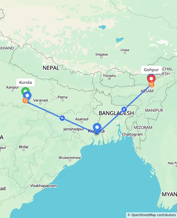 Route map showing distance and travel time from Kunda, India to Gohpur, India