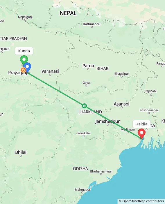Route map showing distance and travel time from Kunda, India to Haldia, India