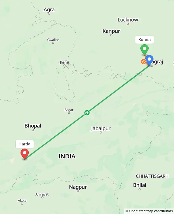 Route map showing distance and travel time from Kunda, India to Harda, India
