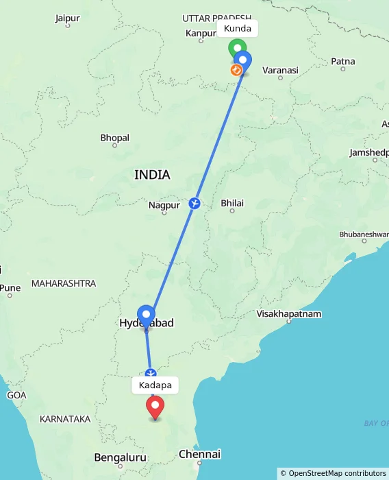 Route map showing distance and travel time from Kunda, India to Kadapa, India