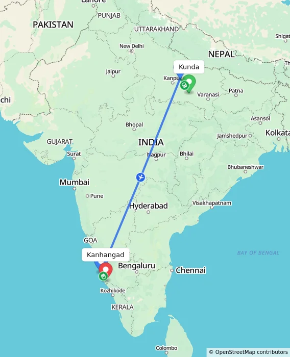 Route map showing distance and travel time from Kunda, India to Kanhangad, India
