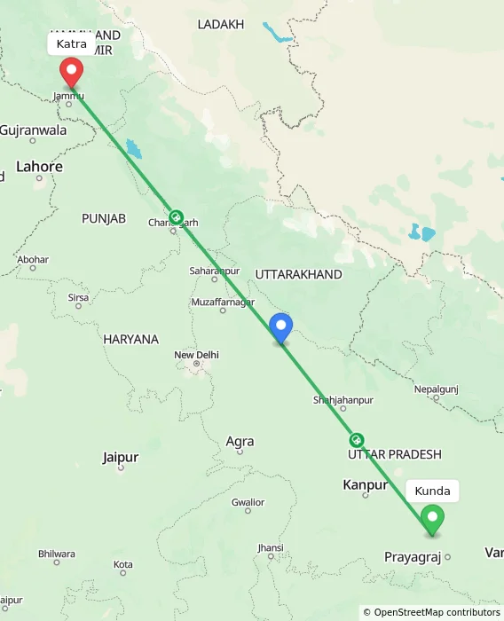 Route map showing distance and travel time from Kunda, India to Katra, India