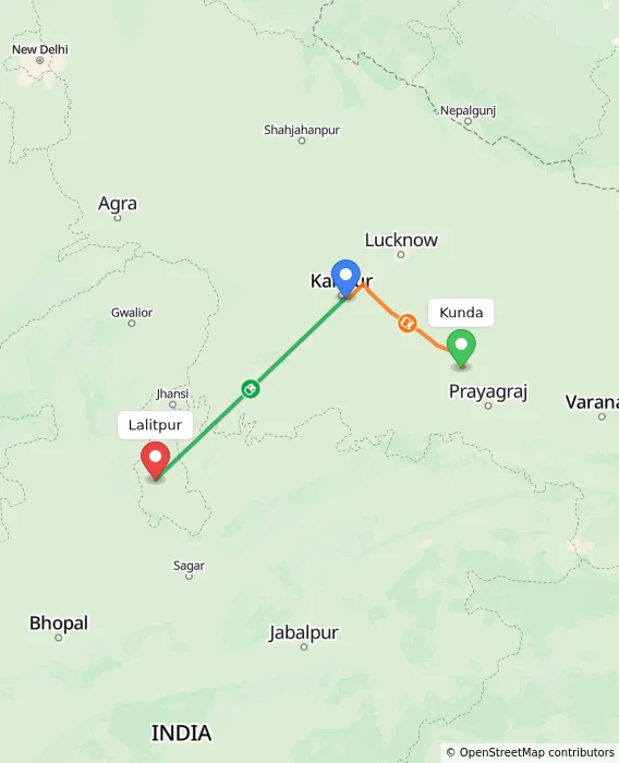 Route map showing distance and travel time from Kunda, India to Lalitpur, India