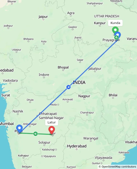 Route map showing distance and travel time from Kunda, India to Latur, India