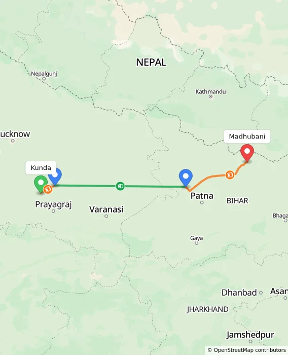 Route map showing distance and travel time from Kunda, India to Madhubani, India