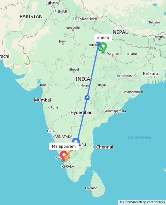 Route map showing distance and travel time from Kunda, India to Malappuram, India