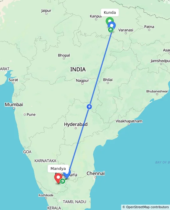 Route map showing distance and travel time from Kunda, India to Mandya, India