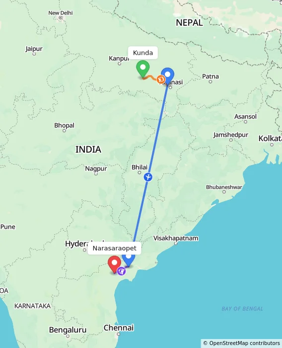 Route map showing distance and travel time from Kunda, India to Narasaraopet, India