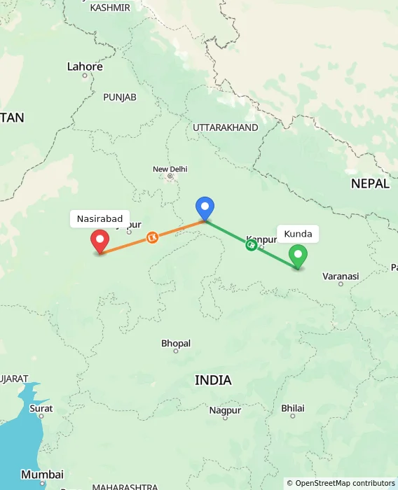 Route map showing distance and travel time from Kunda, India to Nasirabad, India