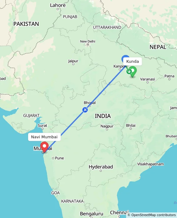 Route map showing distance and travel time from Kunda, India to Navi Mumbai, India