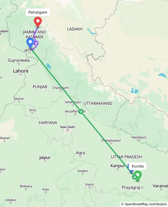 Route map showing distance and travel time from Kunda, India to Pahalgam, India