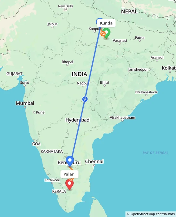 Route map showing distance and travel time from Kunda, India to Palani, India