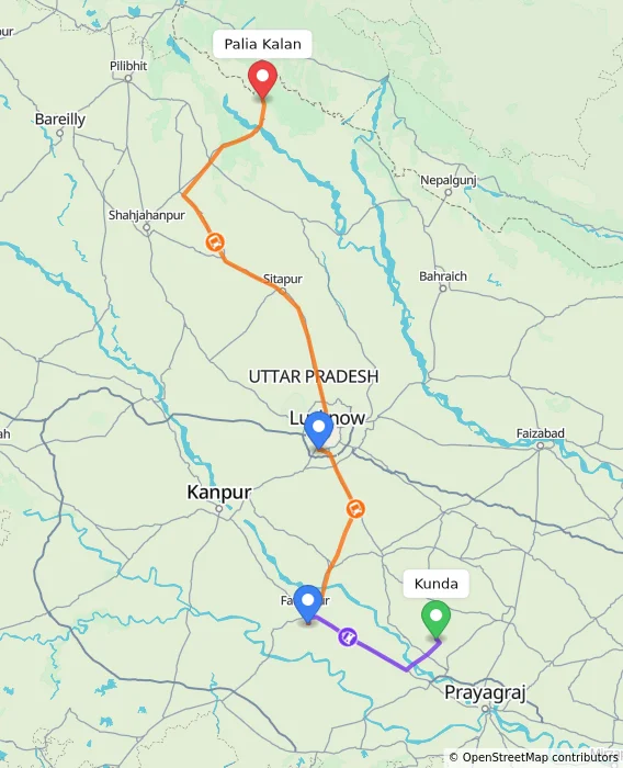 Route map showing distance and travel time from Kunda, India to Palia Kalan, India