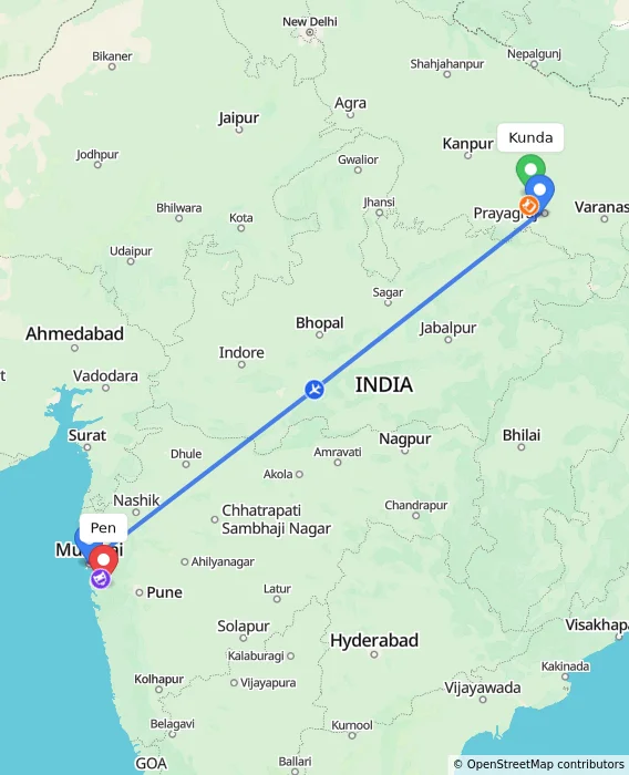 Route map showing distance and travel time from Kunda, India to Pen, India