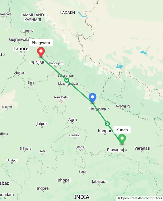 Route map showing distance and travel time from Kunda, India to Phagwara, India