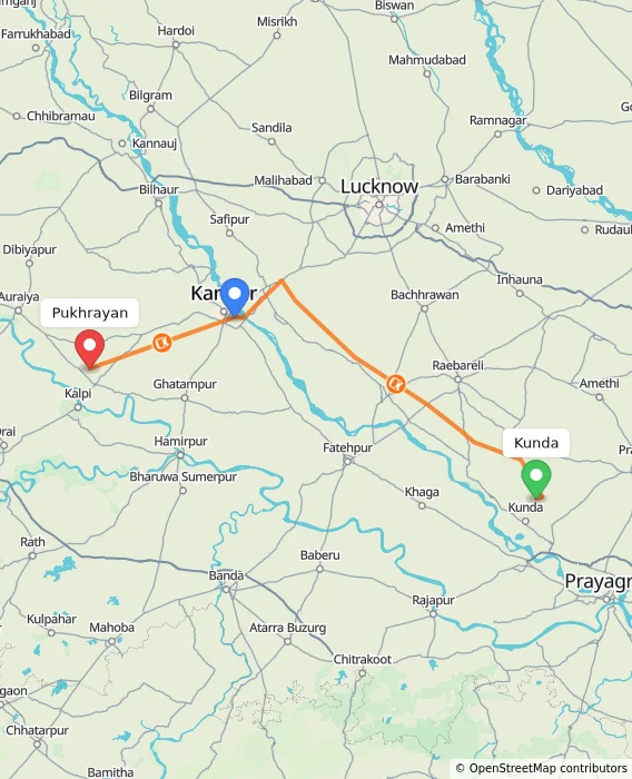 Route map showing distance and travel time from Kunda, India to Pukhrayan, India