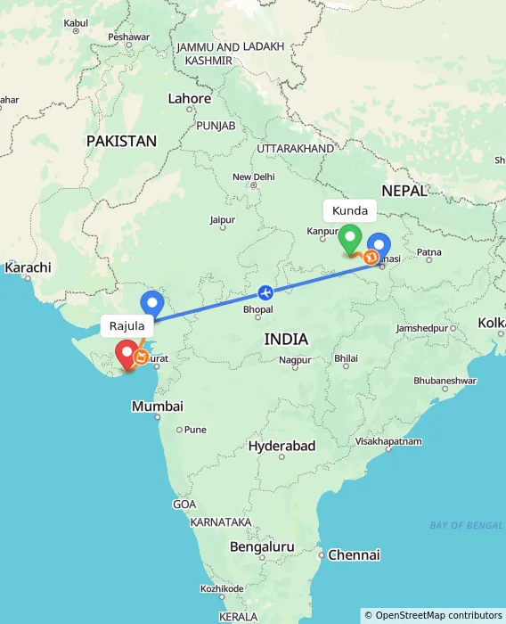 Route map showing distance and travel time from Kunda, India to Rajula, India