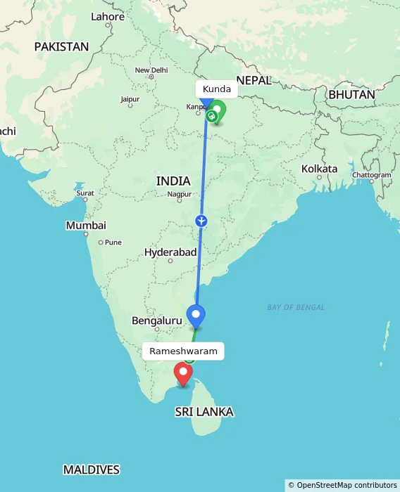 Route map showing distance and travel time from Kunda, India to Rameshwaram, India