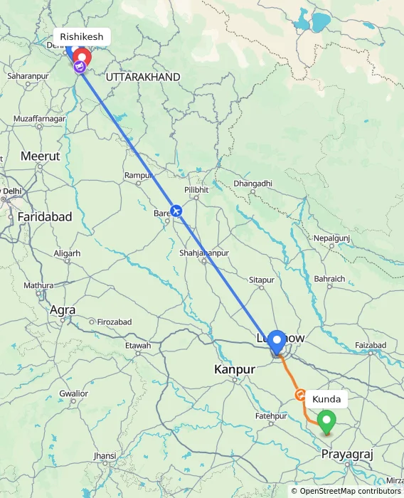 Route map showing distance and travel time from Kunda, India to Rishikesh, India