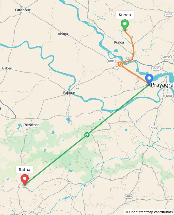 Route map showing distance and travel time from Kunda, India to Satna, India