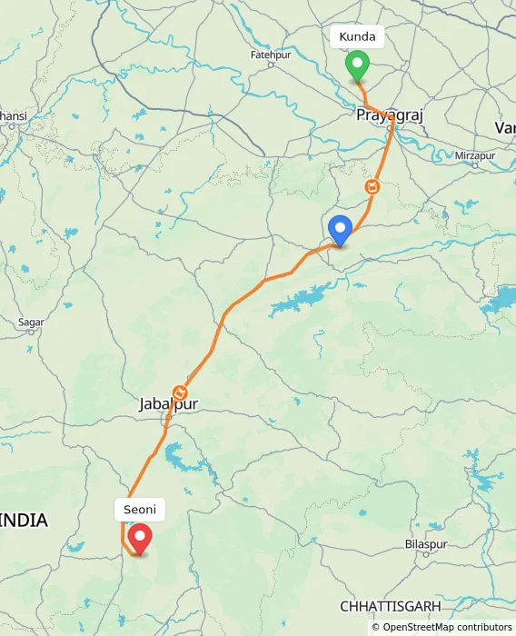 Route map showing distance and travel time from Kunda, India to Seoni, India