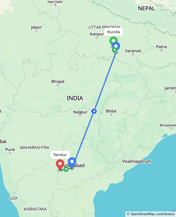 Route map showing distance and travel time from Kunda, India to Tandur, India