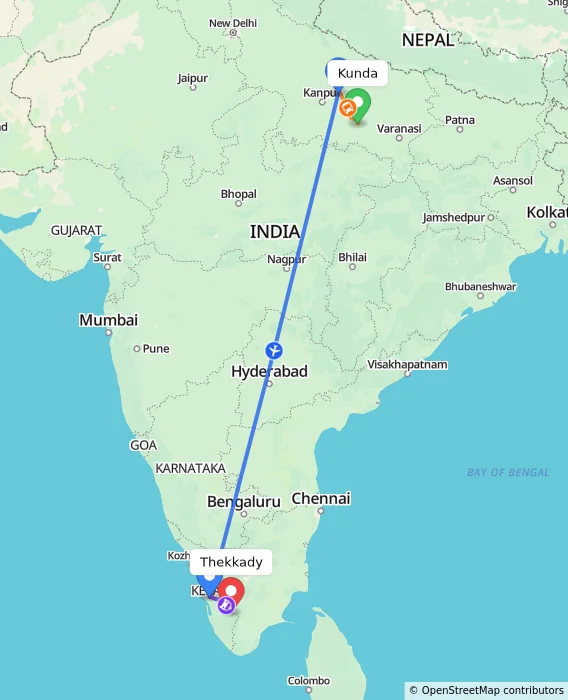 Route map showing distance and travel time from Kunda, India to Thekkady, India