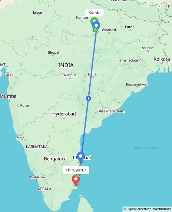 Route map showing distance and travel time from Kunda, India to Thiruvarur, India
