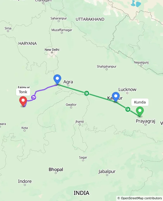 Route map showing distance and travel time from Kunda, India to Tonk, India