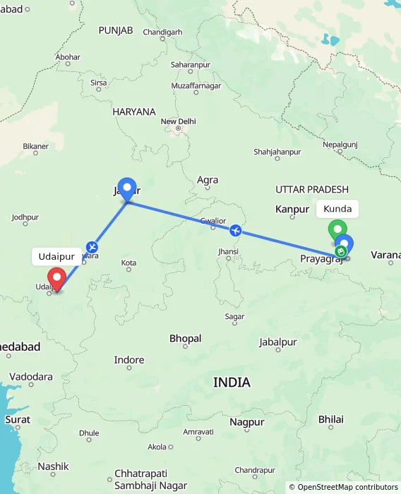 Route map showing distance and travel time from Kunda, India to Udaipur, India