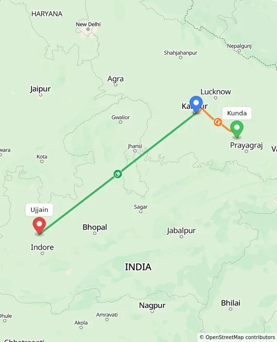 Route map showing distance and travel time from Kunda, India to Ujjain, India
