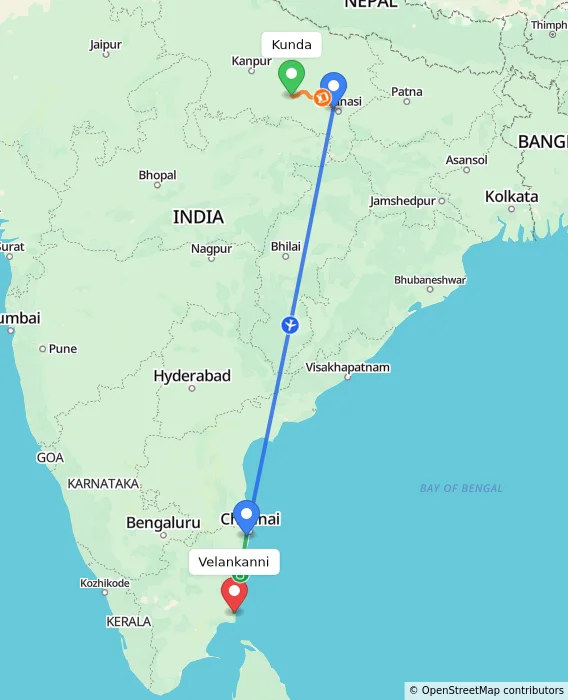 Route map showing distance and travel time from Kunda, India to Velankanni, India
