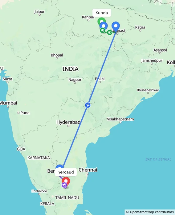 Route map showing distance and travel time from Kunda, India to Yercaud, India