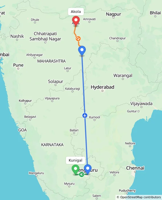 Route map showing distance and travel time from Kunigal, India to Akola, India