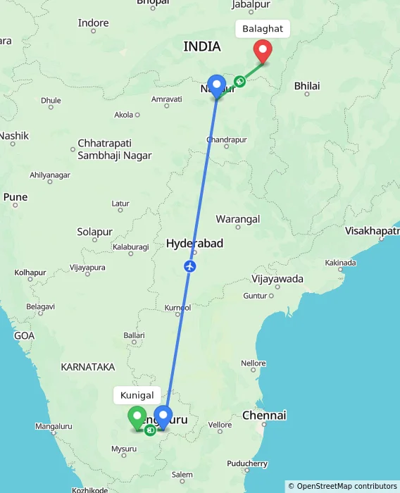 Route map showing distance and travel time from Kunigal, India to Balaghat, India
