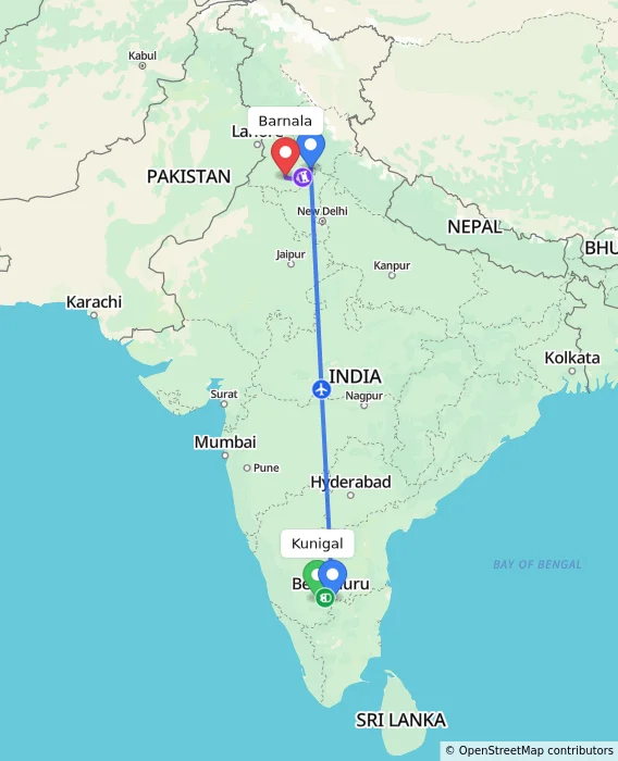 Route map showing distance and travel time from Kunigal, India to Barnala, India