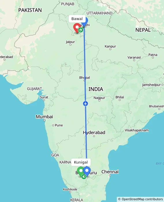 Route map showing distance and travel time from Kunigal, India to Bawal, India