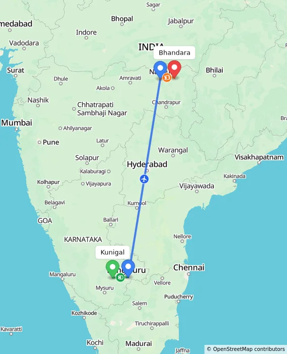 Route map showing distance and travel time from Kunigal, India to Bhandara, India