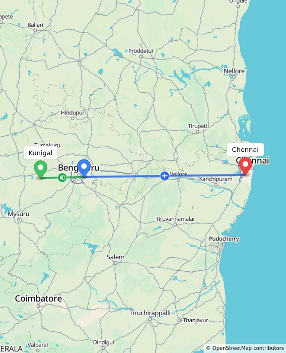 Route map showing distance and travel time from Kunigal, India to Chennai, India