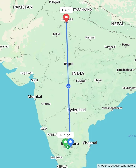 Route map showing distance and travel time from Kunigal, India to Delhi, India