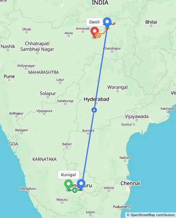 Route map showing distance and travel time from Kunigal, India to Deoli, India