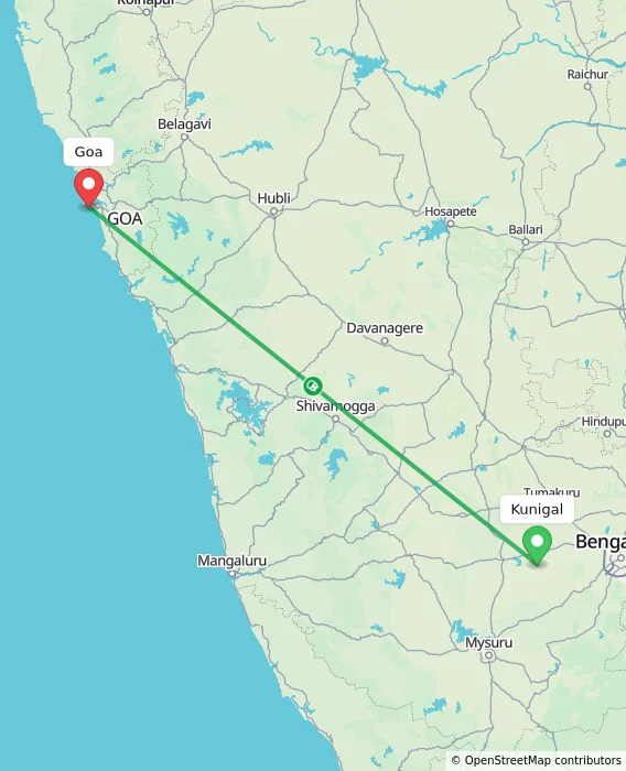 Route map showing distance and travel time from Kunigal, India to Goa, India