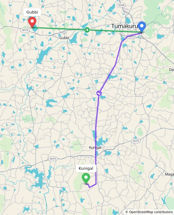Route map showing distance and travel time from Kunigal, India to Gubbi, India