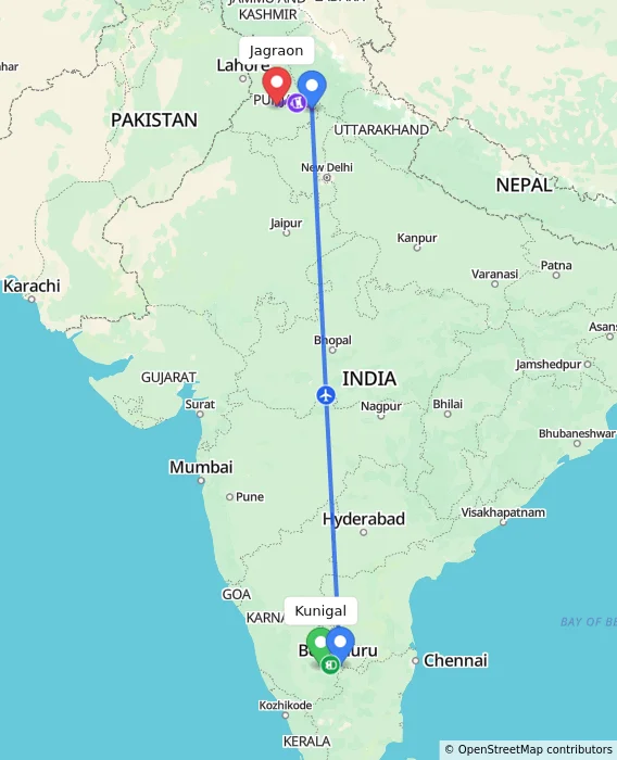 Route map showing distance and travel time from Kunigal, India to Jagraon, India