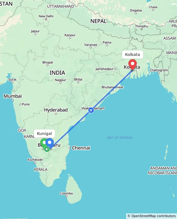 Route map showing distance and travel time from Kunigal, India to Kolkata, India