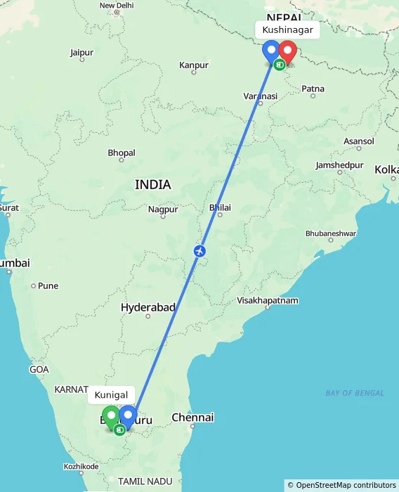 Route map showing distance and travel time from Kunigal, India to Kushinagar, India